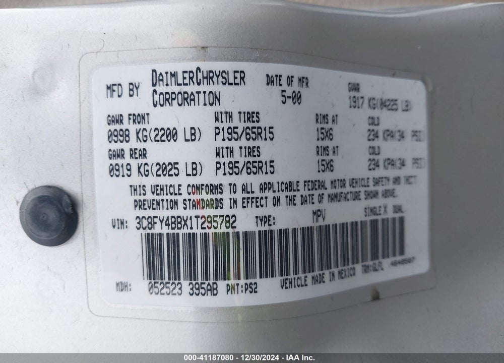 2001 CHRYSLER PT CRUISER VIN: 3C8FY4BBX1T295782