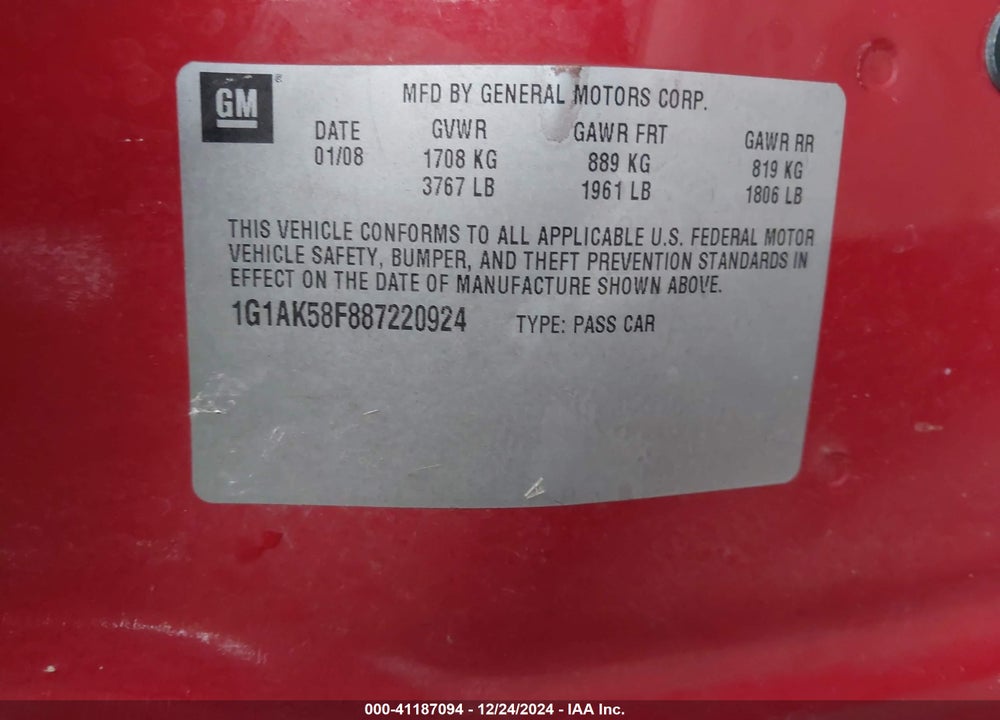2008 CHEVROLET COBALT LS VIN: 1G1AK58F887220924