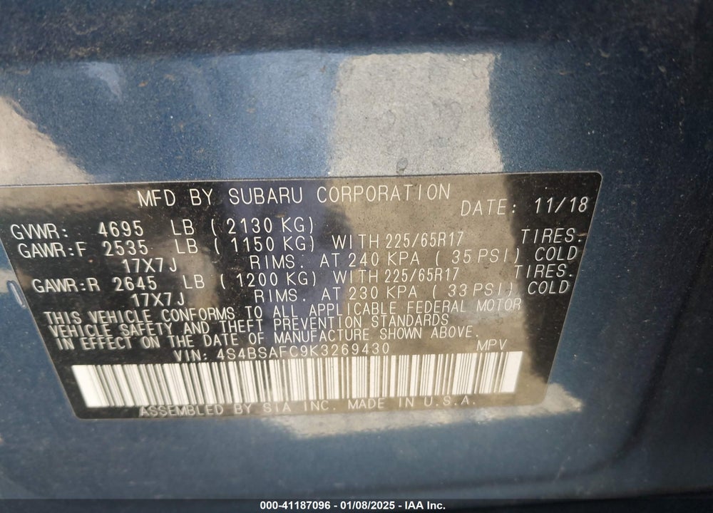 2019 SUBARU OUTBACK 2.5I PREMIUM VIN: 4S4BSAFC9K3269430