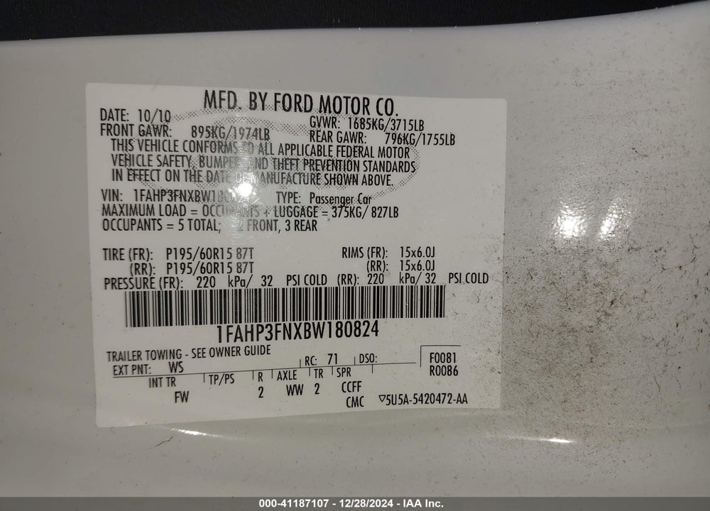 2011 FORD FOCUS SE VIN: 1FAHP3FNXBW180824