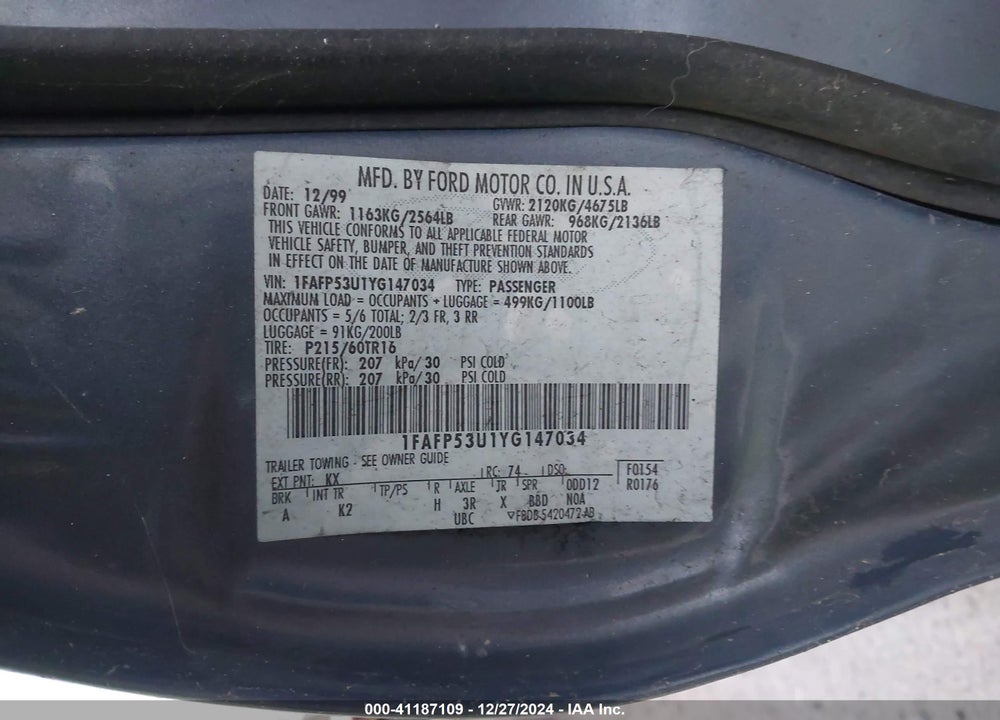 2000 FORD TAURUS SE VIN: 1FAFP53U1YG147034