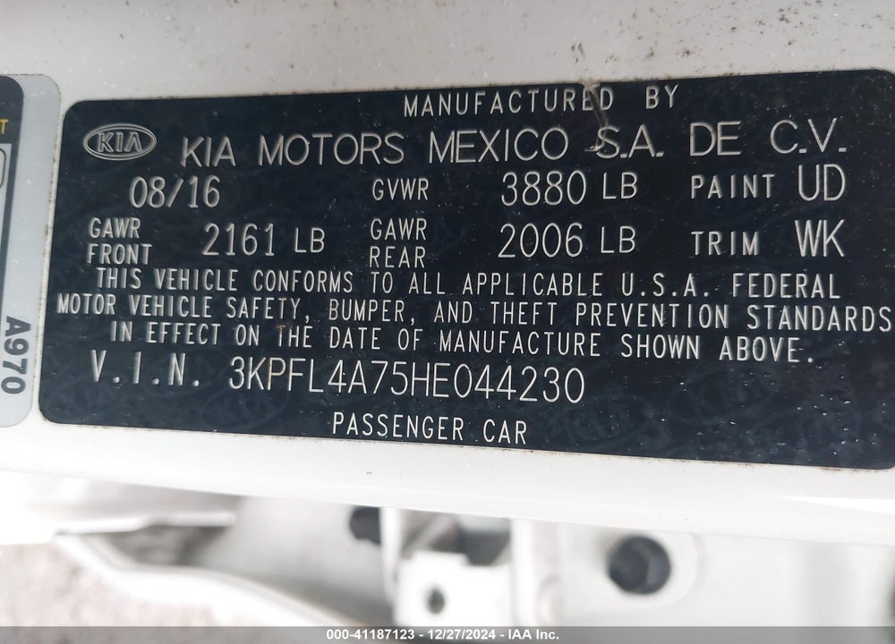2017 KIA FORTE S VIN: 3KPFL4A75HE044230