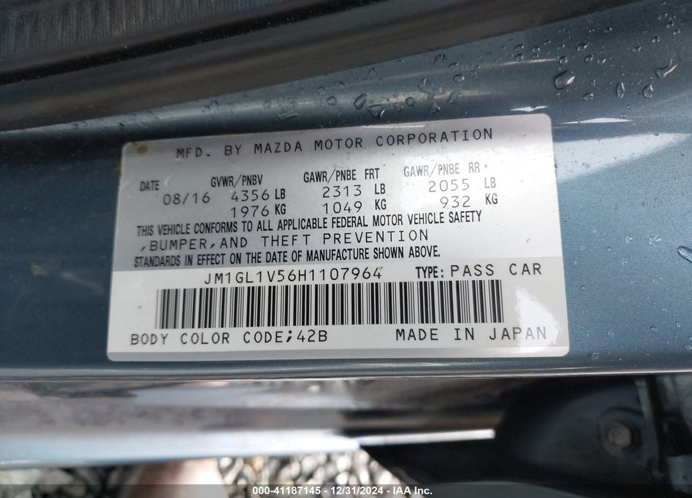 2017 MAZDA MAZDA6 VIN: JM1GL1V56H1107964