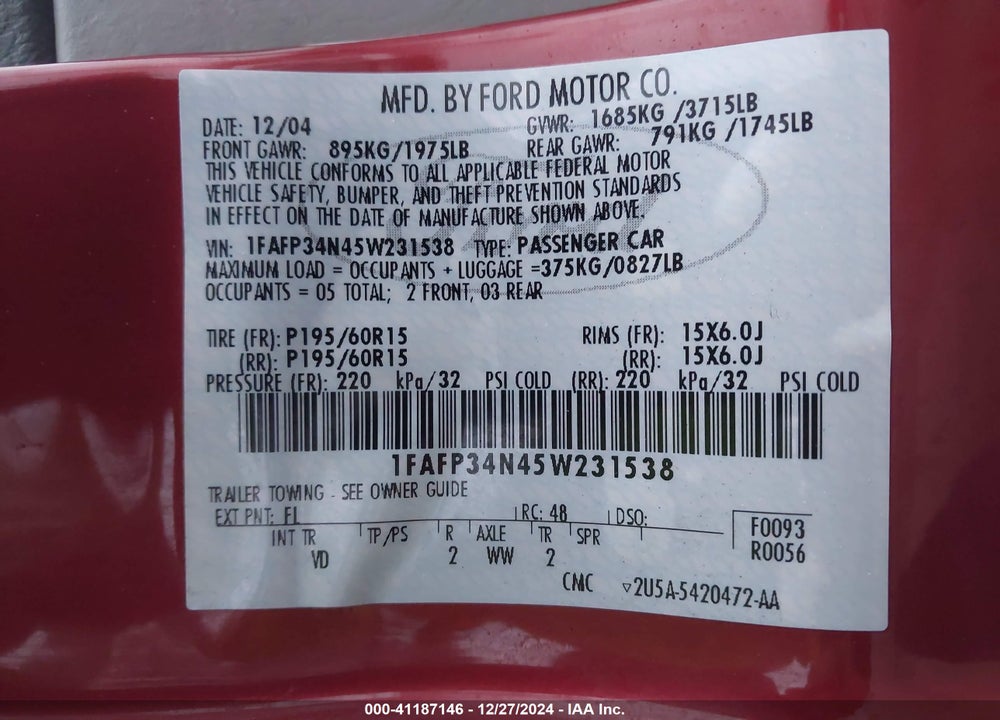 2005 FORD FOCUS ZX4 VIN: 1FAFP34N45W231538
