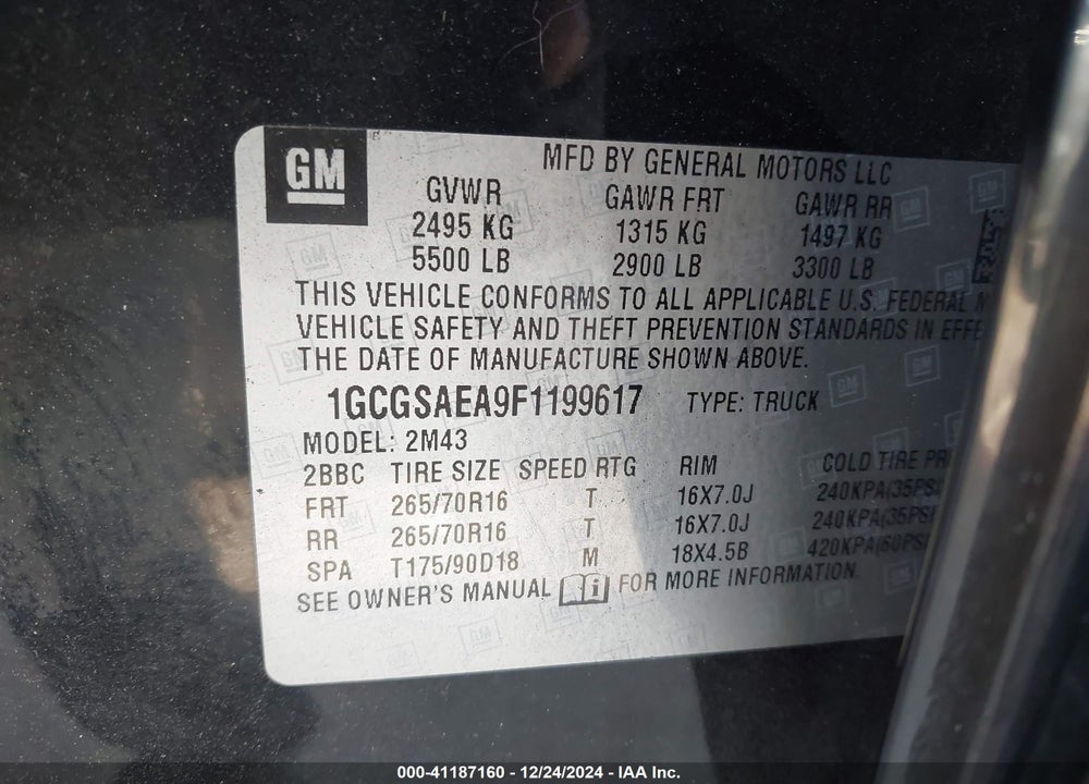 2015 CHEVROLET COLORADO VIN: 1GCGSAEA9F1199617