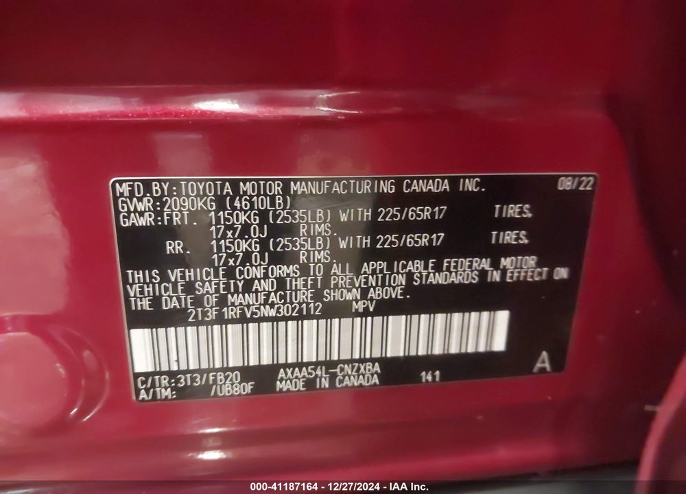 2022 TOYOTA RAV4 LE VIN: 2T3F1RFV5NW302112