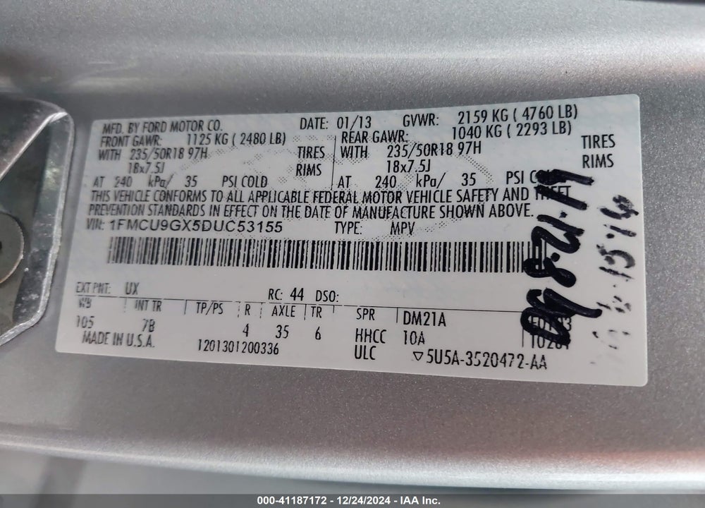 2013 FORD ESCAPE SE VIN: 1FMCU9GX5DUC53155
