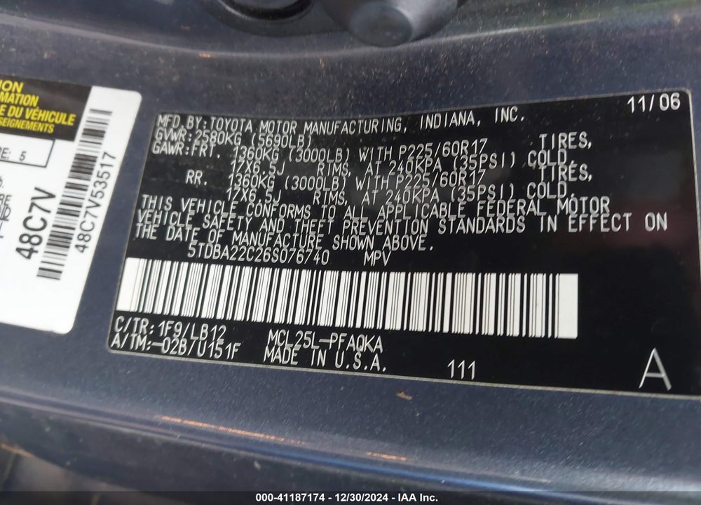 2006 TOYOTA SIENNA XLE LIMITED VIN: 5TDBA22C26S076740