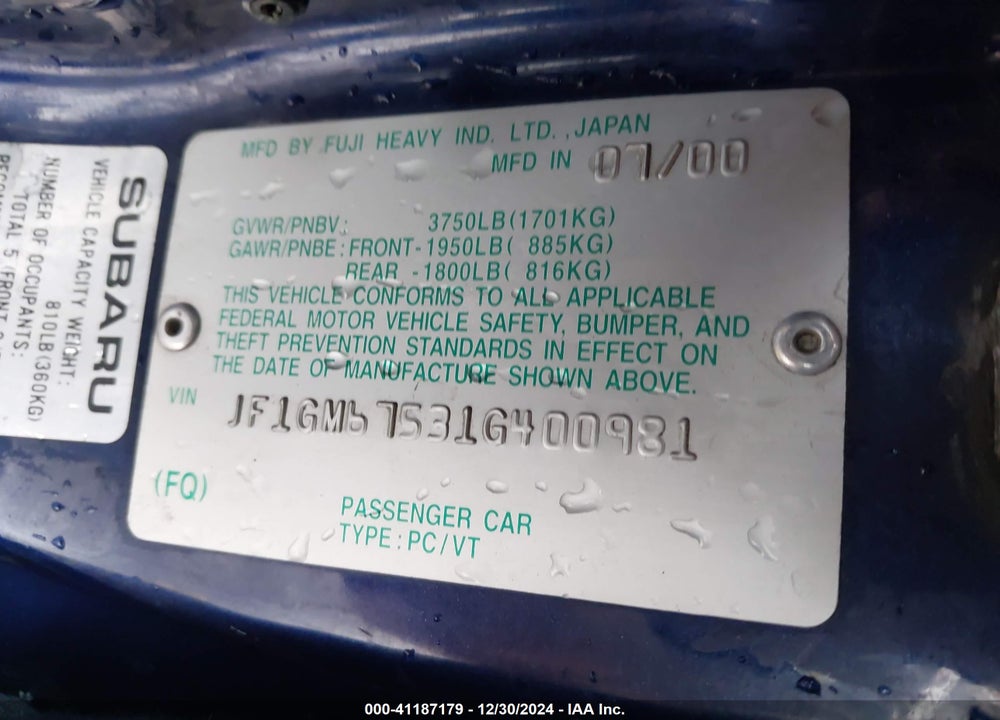 2001 SUBARU IMPREZA 2.5RS VIN: JF1GM67531G400981