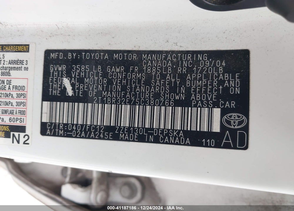 2005 TOYOTA COROLLA S VIN: 2T1BR32E75C380766