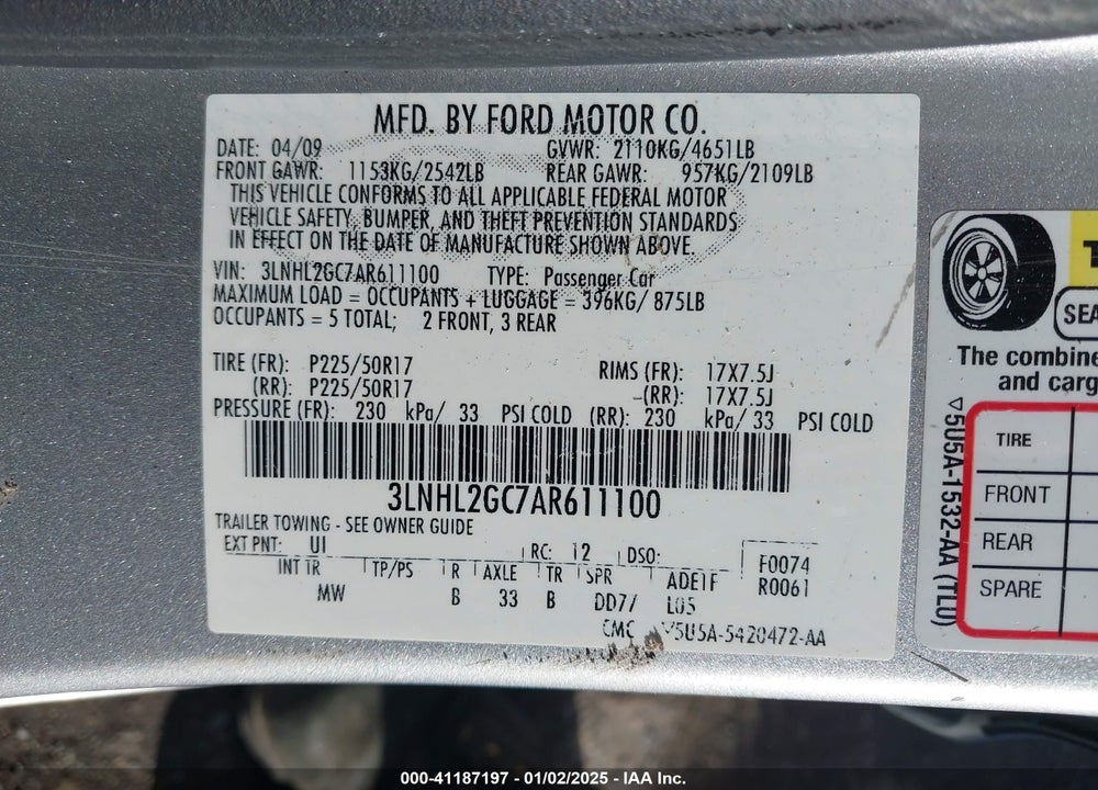 2010 LINCOLN MKZ VIN: 3LNHL2GC7AR611100