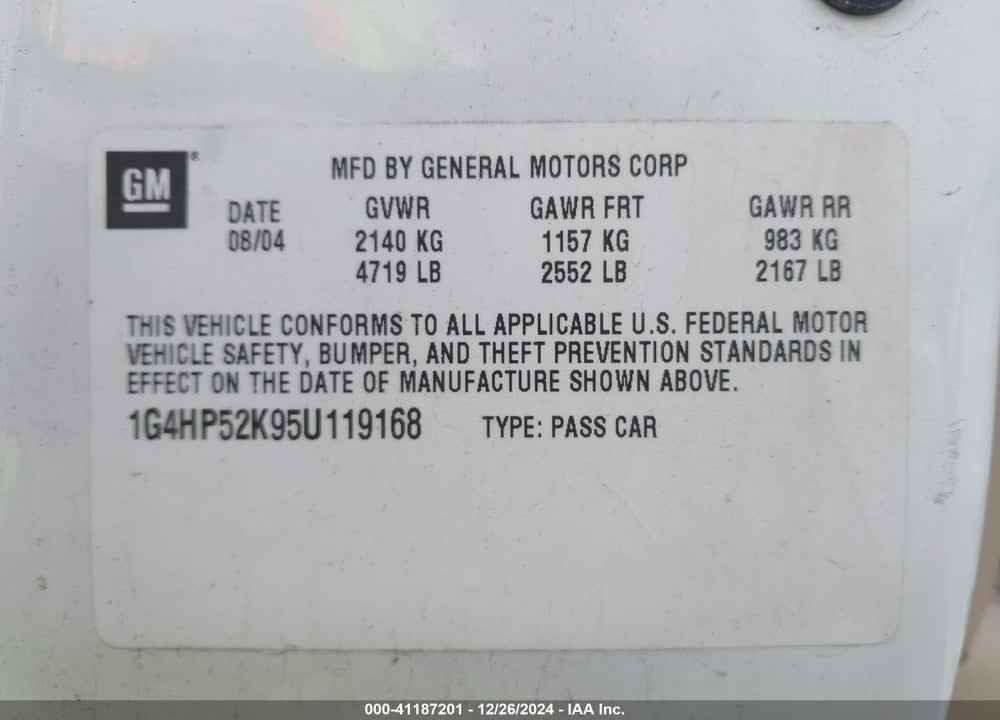 2005 BUICK LESABRE CUSTOM VIN: 1G4HP52K95U119168