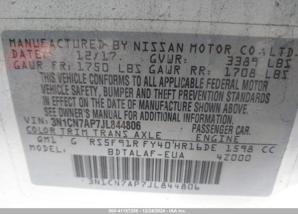 2018 NISSAN VERSA VIN: 3N1CN7AP7JL844806