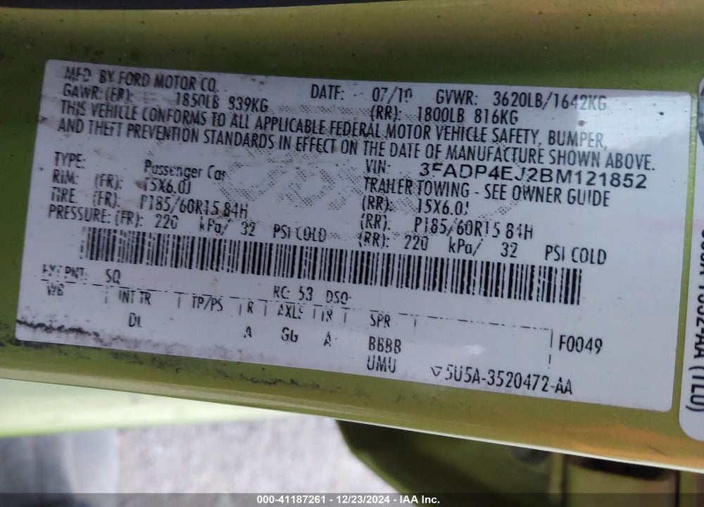 2011 FORD FIESTA SE VIN: 3FADP4EJ2BM121852