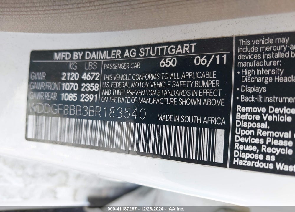 2011 MERCEDES-BENZ C CLASS VIN: WDDGF8BB3BR183540