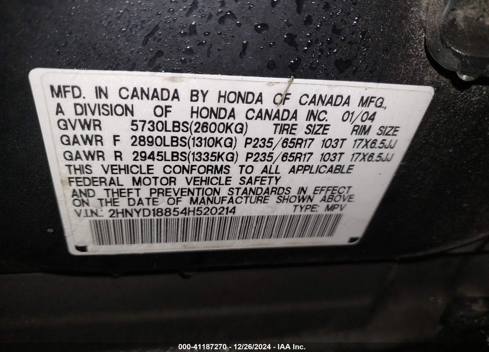 2004 ACURA MDX VIN: 2HNYD18854H520214