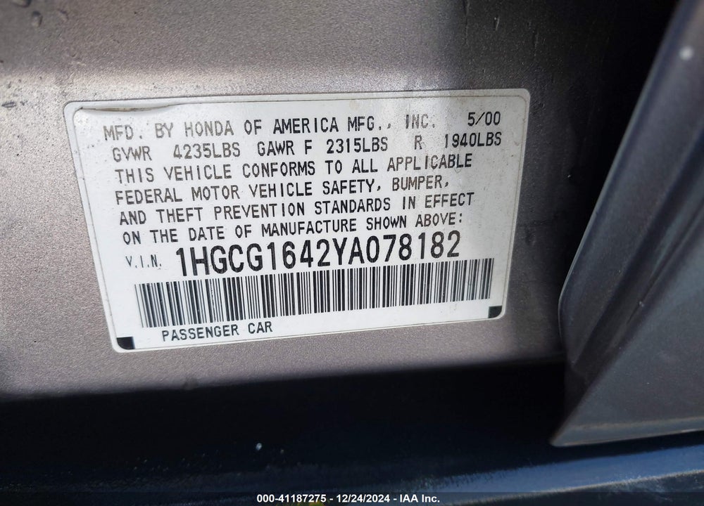 2000 HONDA ACCORD 3.0 LX VIN: 1HGCG1642YA078182