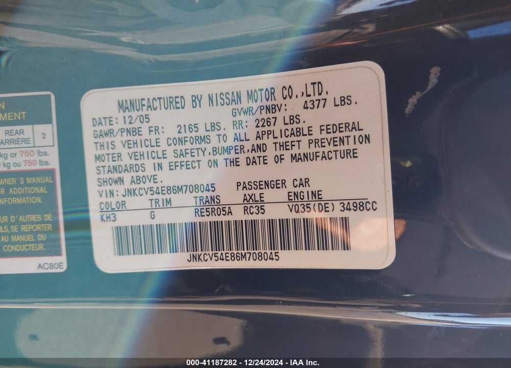 2006 INFINITI G35 VIN: JNKCV54E86M708045