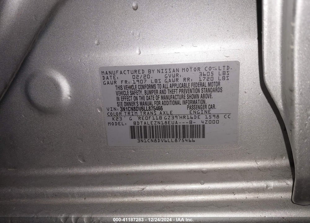 2020 NISSAN VERSA VIN: 3N1CN8DV6LL875466