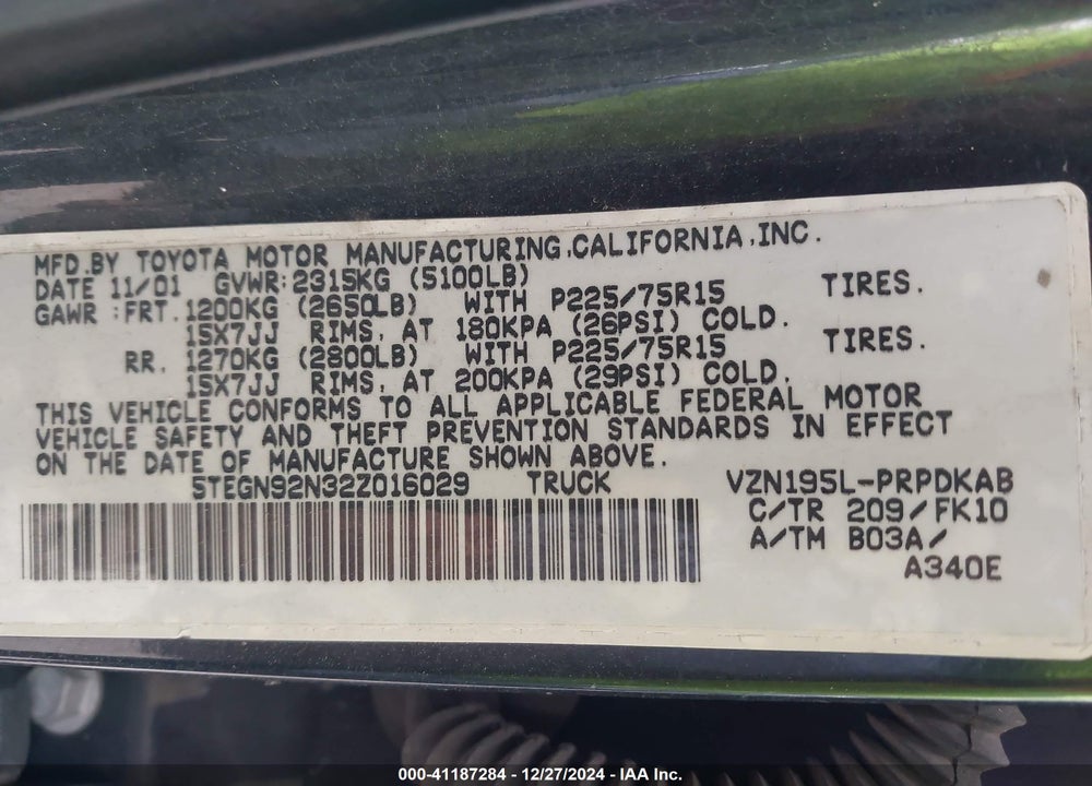 2002 TOYOTA TACOMA PRERUNNER V6 VIN: 5TEGN92N32Z016029