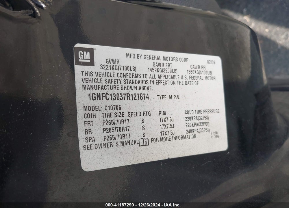 2007 CHEVROLET TAHOE LS VIN: 1GNFC13037R127874