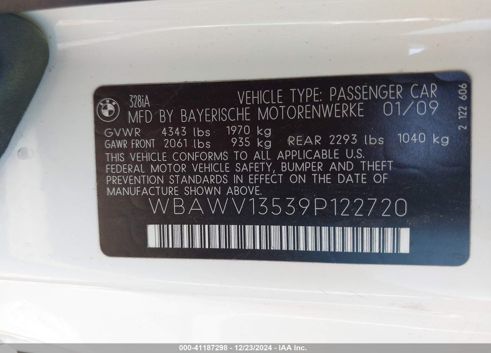 2009 BMW 328I VIN: WBAWV13539P122720