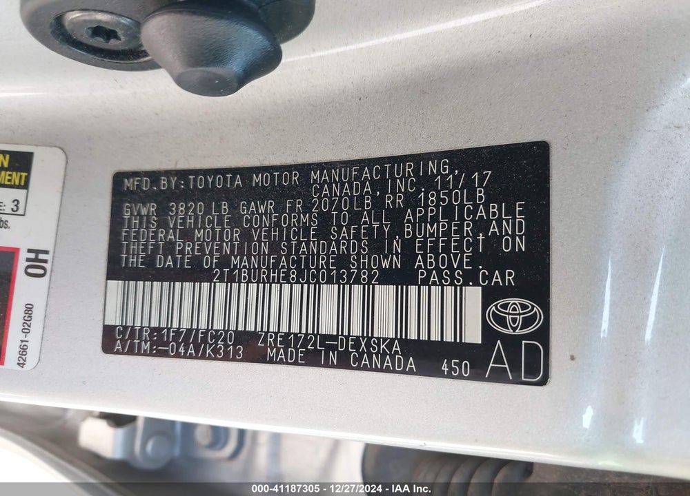 2018 TOYOTA COROLLA VIN: 2T1BURHE8JC013782