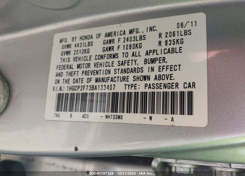 2011 HONDA ACCORD 2.4 EX VIN: 1HGCP2F73BA133407