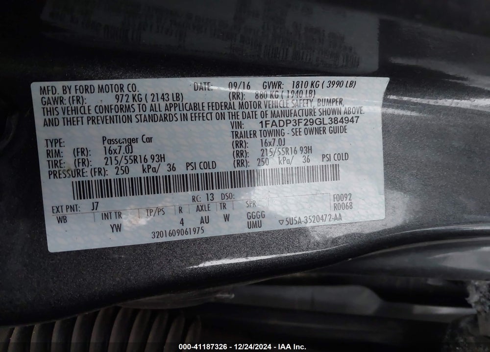 2016 FORD FOCUS SE VIN: 1FADP3F29GL384947