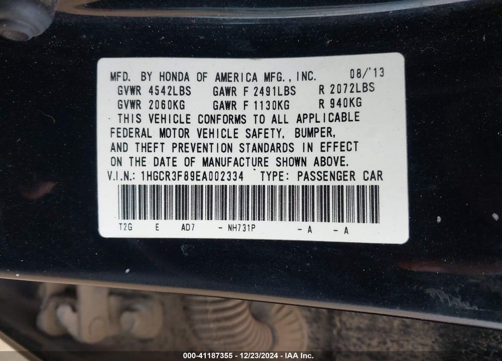 2014 HONDA ACCORD EX-L V-6 VIN: 1HGCR3F89EA002334