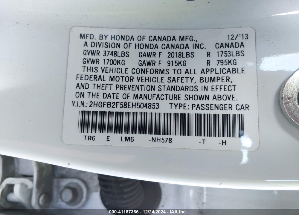 2014 HONDA CIVIC LX VIN: 2HGFB2F58EH504853