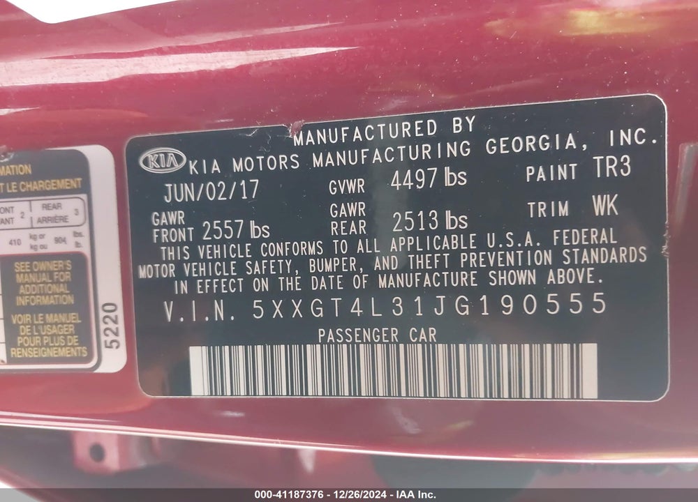 2018 KIA OPTIMA VIN: 5XXGT4L31JG190555