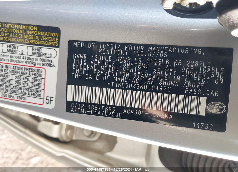 2006 TOYOTA CAMRY LE VIN: 4T1BE30K56U104476