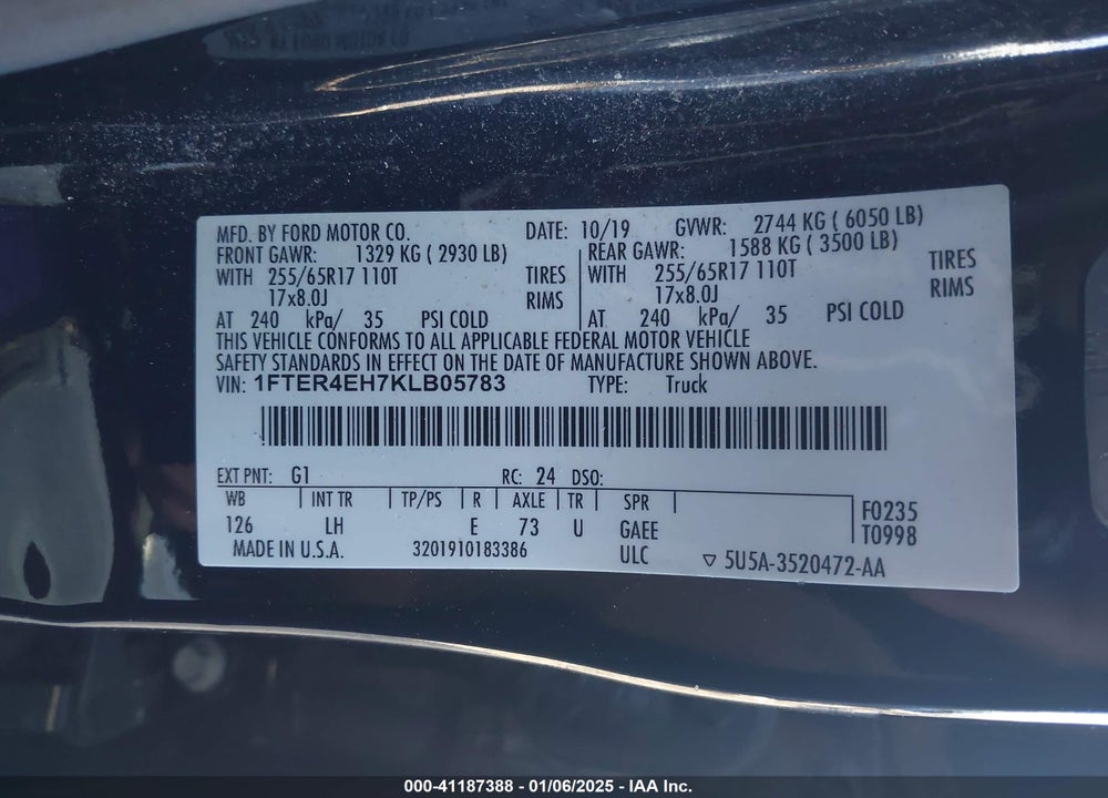 2019 FORD RANGER VIN: 1FTER4EH7KLB05783