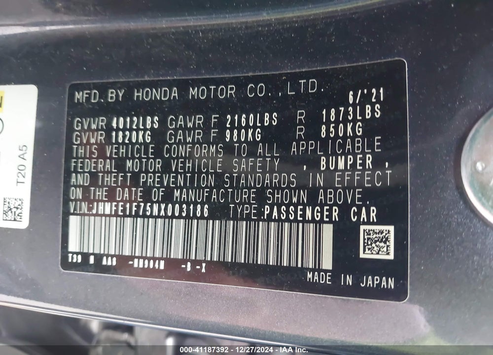 2022 HONDA CIVIC EX VIN: JHMFE1F75NX003186
