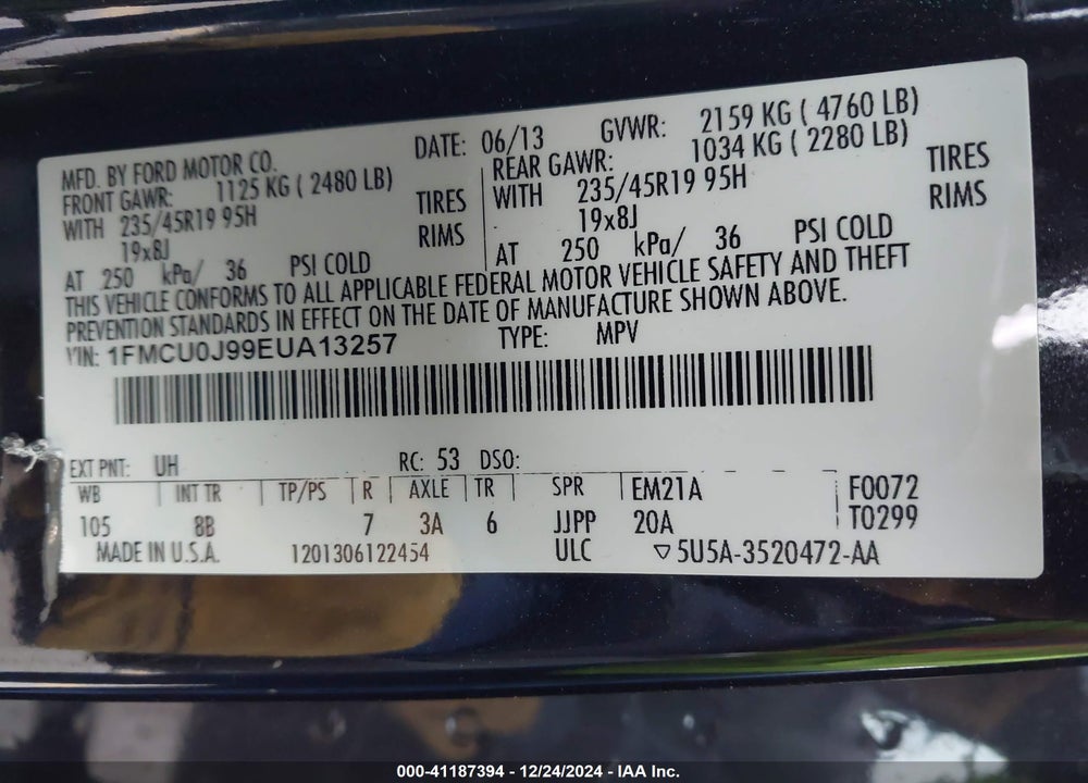 2014 FORD ESCAPE VIN: 1FMCU0J99EUA13257