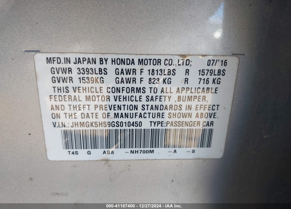 2016 HONDA FIT VIN: JHMGK5H59GS010450