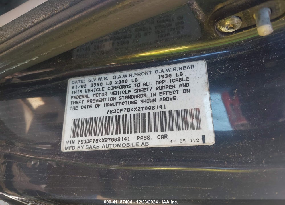 2002 SAAB 9-3 SE VIN: YS3DF78KX27008141