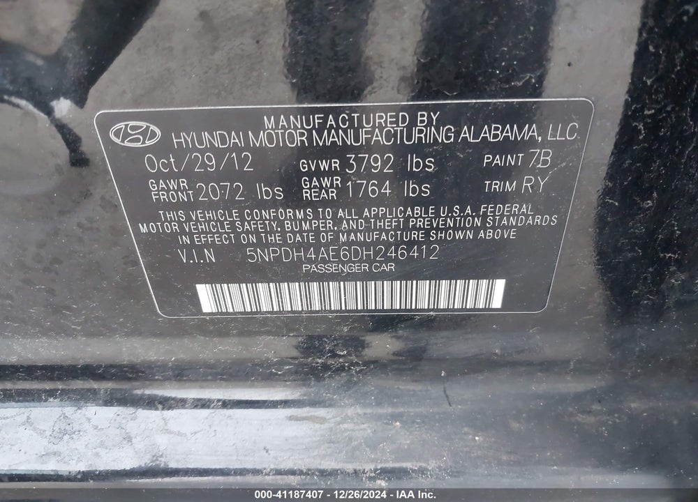 2013 HYUNDAI ELANTRA LIMITED VIN: 5NPDH4AE6DH246412