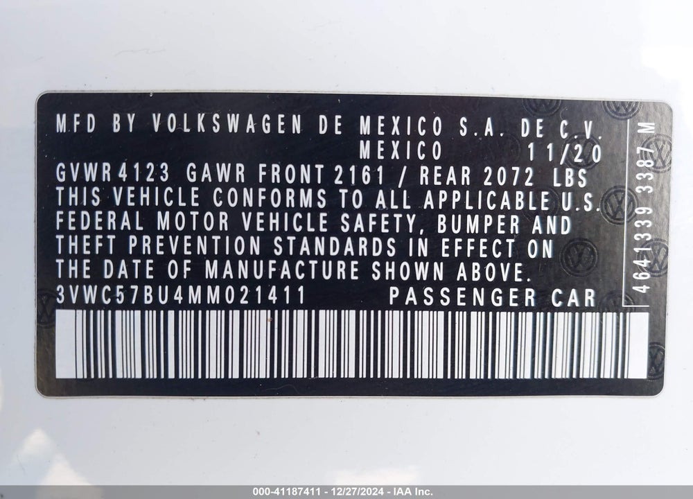 2021 VOLKSWAGEN JETTA VIN: 3VWC57BU4MM021411