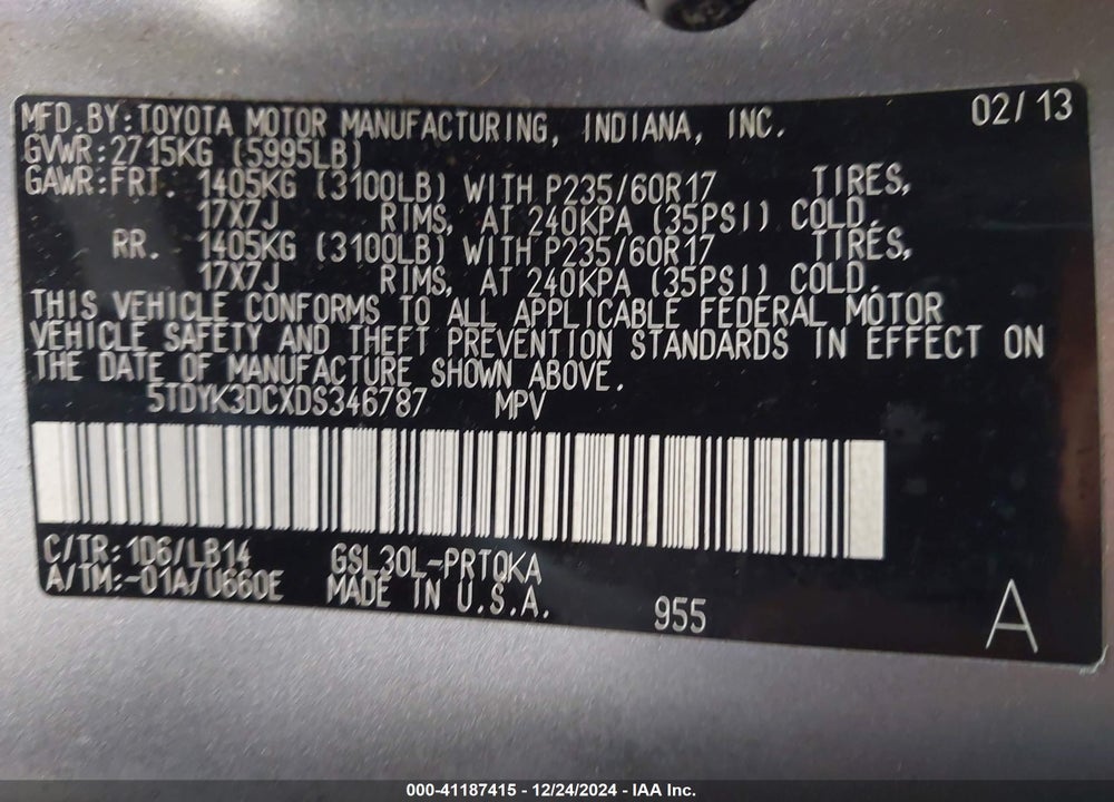 2013 TOYOTA SIENNA XLE V6 8 PASSENGER VIN: 5TDYK3DCXDS346787