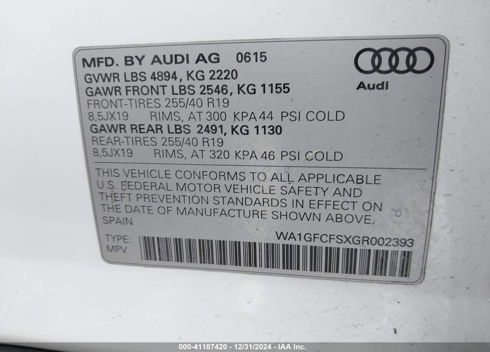 2016 AUDI Q3 2.0T PREMIUM PLUS VIN: WA1GFCFSXGR002393