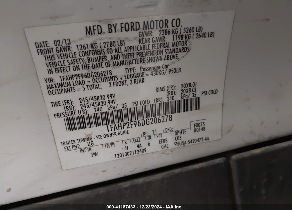 2013 FORD TAURUS LIMITED VIN: 1FAHP2F96DG206278