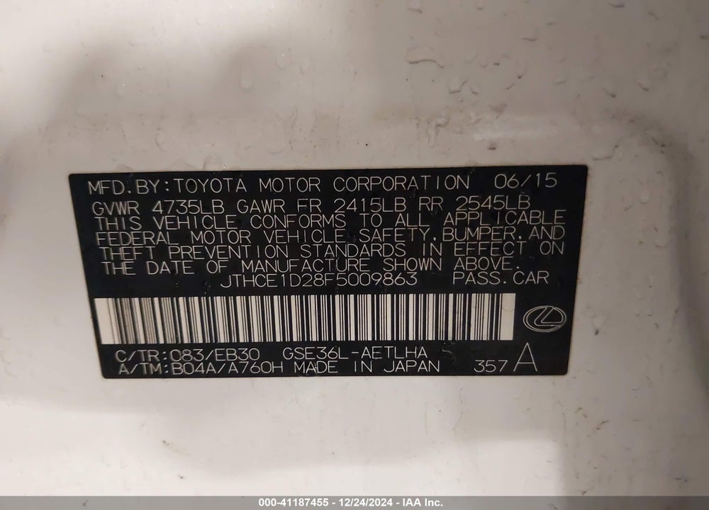 2015 LEXUS IS 350 VIN: JTHCE1D28F5009863