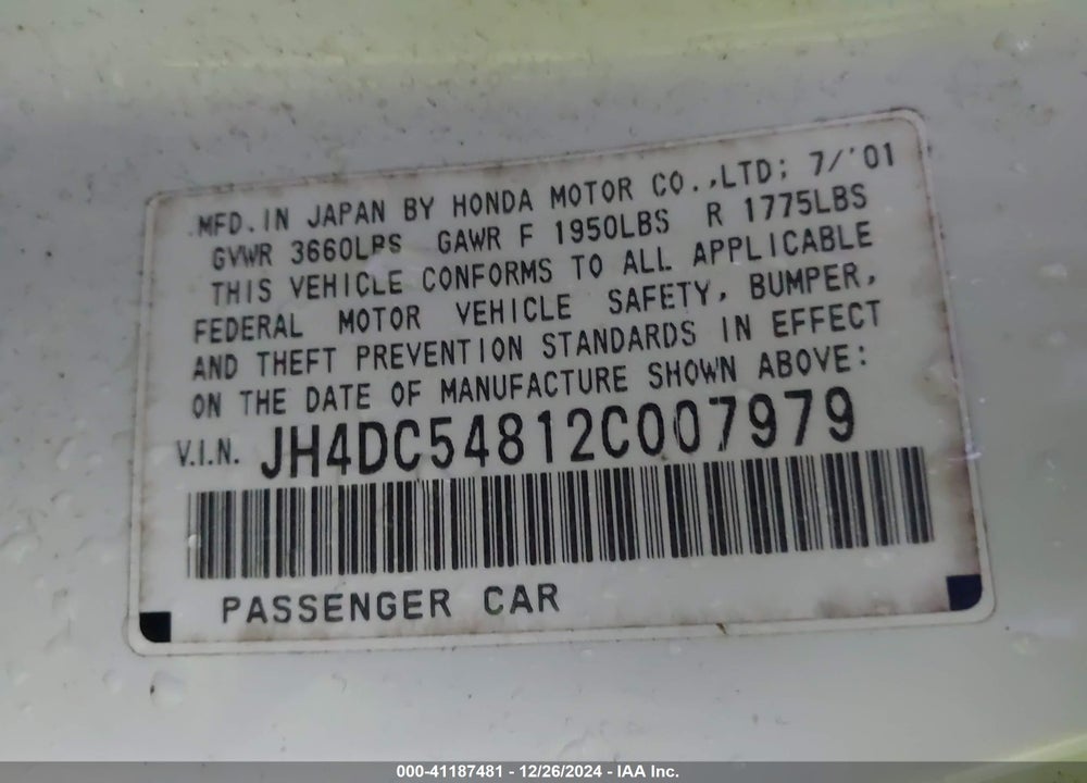2002 ACURA RSX VIN: JH4DC54812C007979