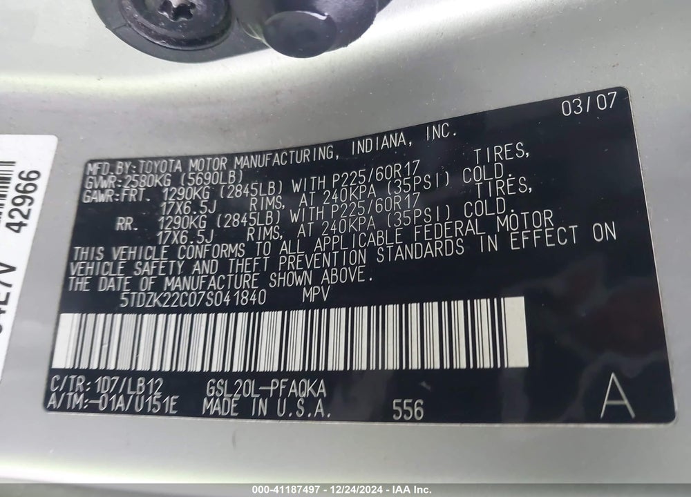 2007 TOYOTA SIENNA XLE VIN: 5TDZK22C07S041840