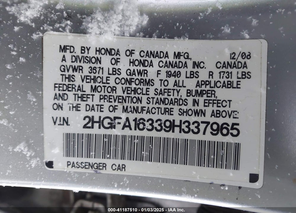 2009 HONDA CIVIC VP VIN: 2HGFA16339H337965