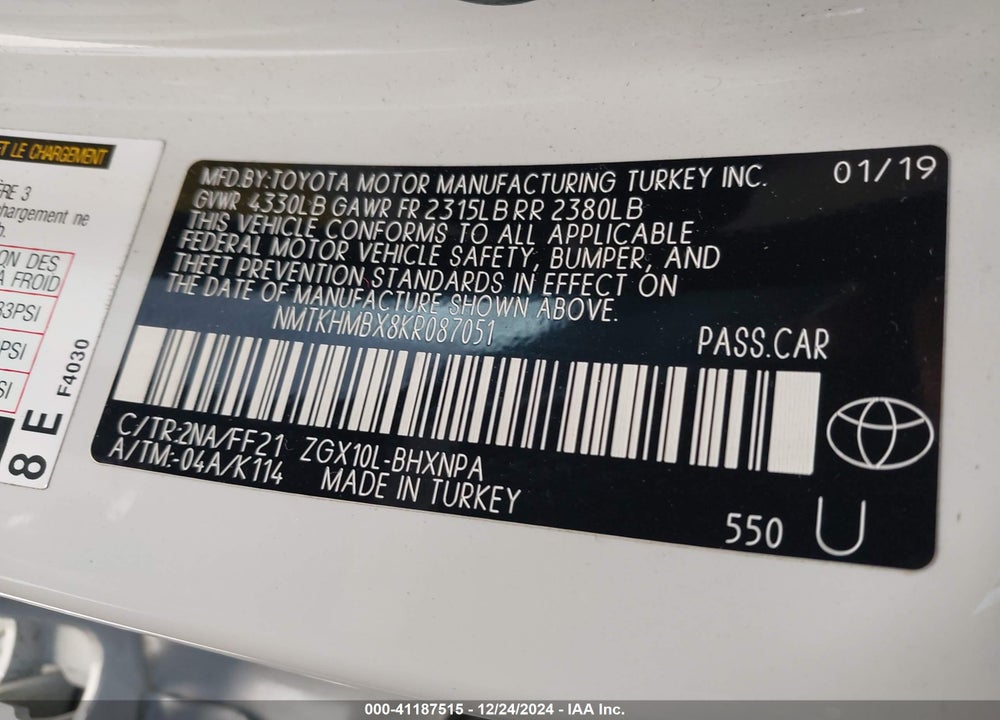 2019 TOYOTA C-HR VIN: NMTKHMBX8KR087051