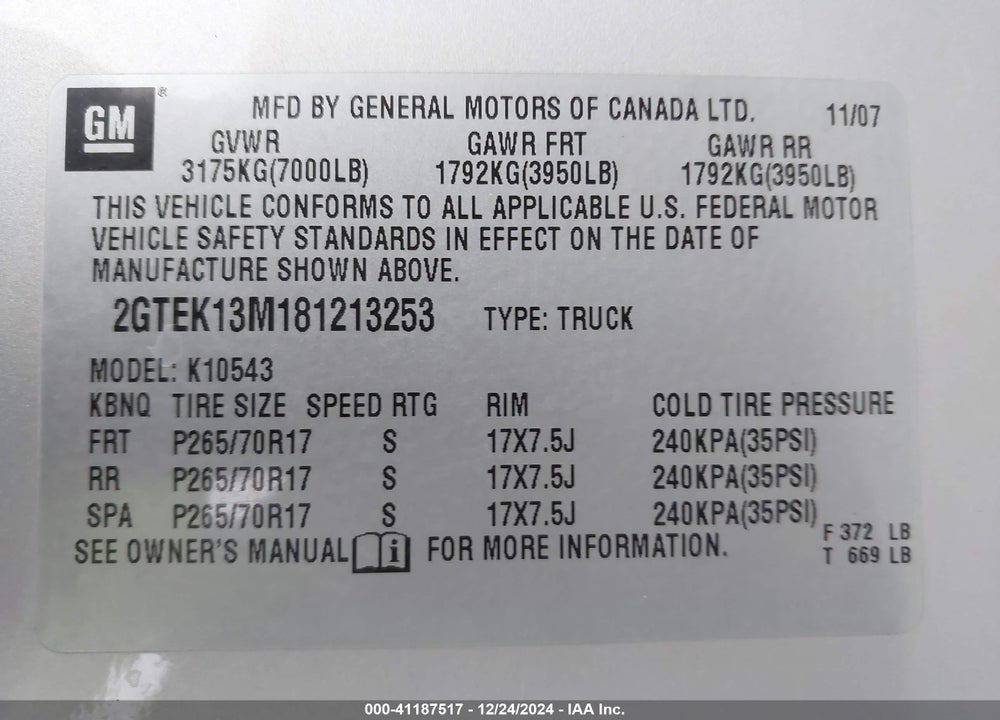 2008 GMC SIERRA 1500 VIN: 2GTEK13M181213253