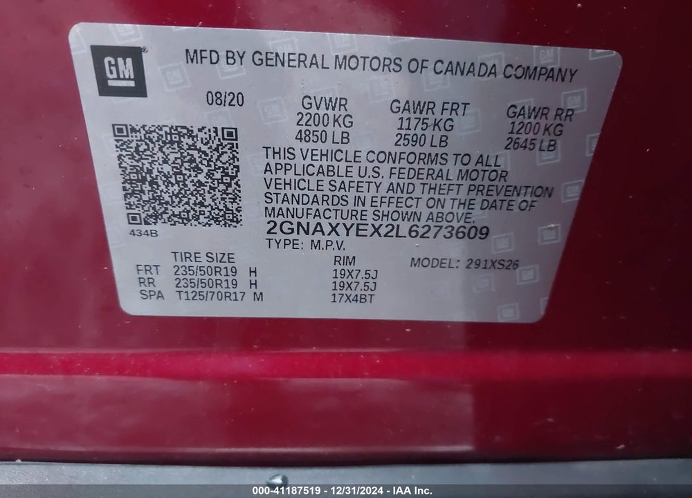 2020 CHEVROLET EQUINOX AWD PREMIER 2.0L TURBO VIN: 2GNAXYEX2L6273609